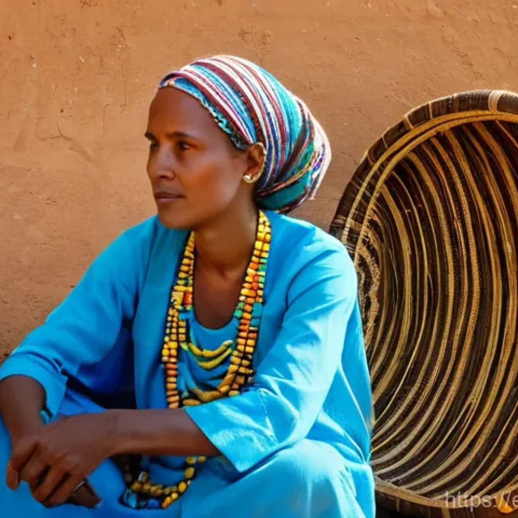 지부티의 수공예품 - **Prompt:** A Djiboutian female artisan, aged around 40, sits gracefully on a low stool in a brightl...