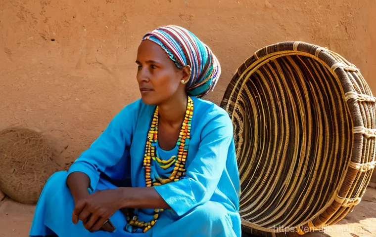 지부티의 수공예품 - **Prompt:** A Djiboutian female artisan, aged around 40, sits gracefully on a low stool in a brightl...