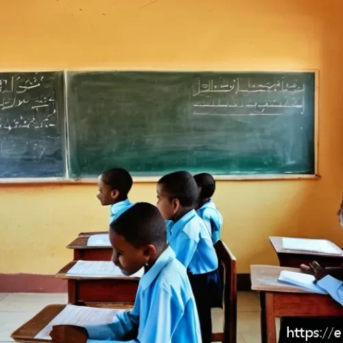 지부티의 주요 교육 시스템 - A vibrant classroom scene in a rural Djibouti school featuring diverse children aged 10-14, wearing ...