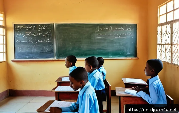 지부티의 주요 교육 시스템 - A vibrant classroom scene in a rural Djibouti school featuring diverse children aged 10-14, wearing ...