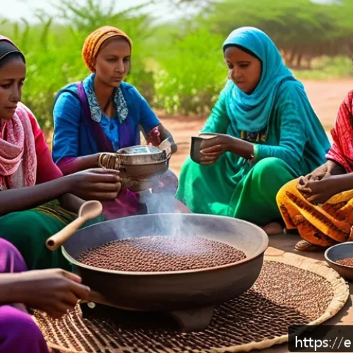 지부티 커피 세레모니 - A warm, inviting scene of a traditional Djibouti coffee ceremony outdoors, featuring local women dre...