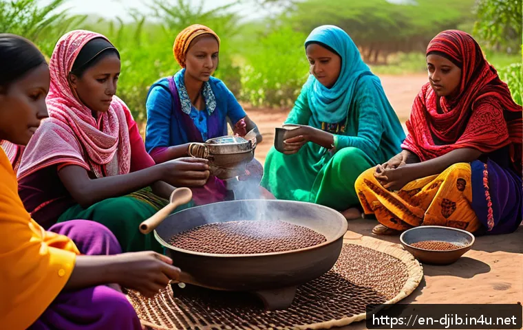지부티 커피 세레모니 - A warm, inviting scene of a traditional Djibouti coffee ceremony outdoors, featuring local women dre...