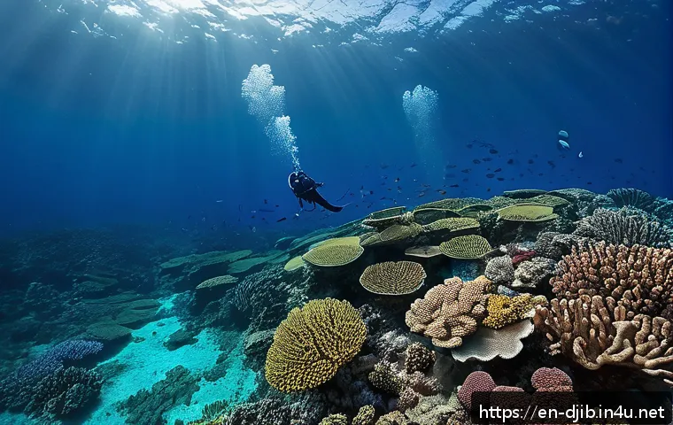 지부티 생물 다양성 보호 - A vibrant underwater scene showcasing the coral reefs along Djibouti&rsquo;s coastline, teeming with diver...