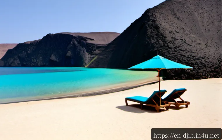 지부티 아사레 해변 - Photorealistic wide-angle view of Assal Beach near Djibouti City, brilliant turquoise water meeting ...