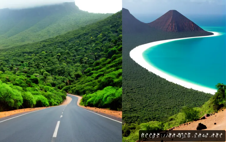 지부티와 적도 지역 국가 비교 - Photorealistic split-scene comparison of Djibouti’s arid coastal landscape and an equatorial African...